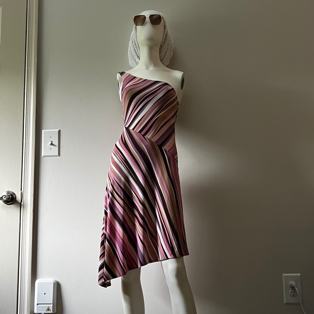 Vintage BCBG Max Azria Y2K One Shoulder Asymmetrical Striped Barbiecore Dress XS